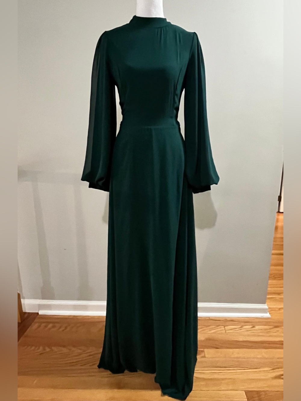 High Neck Forest Green Maxi Dress with Long Bell Sleeves